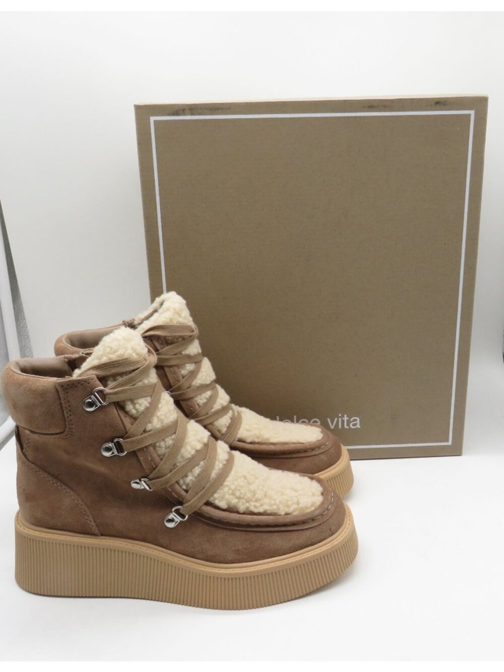 Dolce Vita Jasmin Truffle Suede Platform Boots Size 6 Shearling Lining New